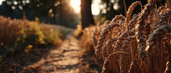 Golden wheat field path at sunset