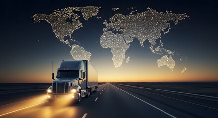 Truck on a Highway Driving in Front of a World Map