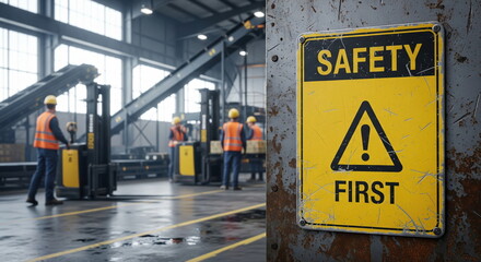 Safety first sign on wall in industrial warehouse, symbolizing workplace responsibility and accident prevention.