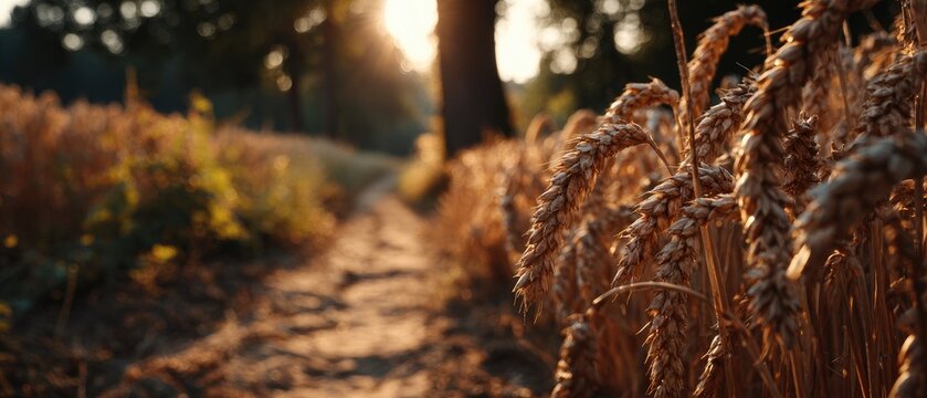 Golden wheat field path at sunset