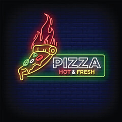 pizza neon signboard with brick wall background vector