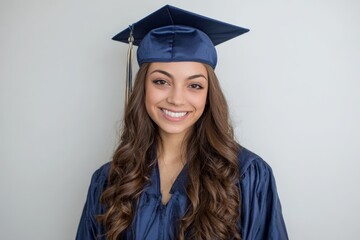 studio portrait of a female high school graduate in a blue uniform