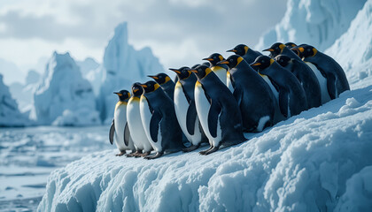 A group of emperor penguins stand together on an icy landscape in antarctica