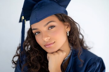 studio portrait of a female high school graduate in a blue uniform