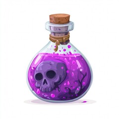 A vividly illustrated potion bottle with a skull emblem and a purple liquid, suggesting a mystical or fantasy theme