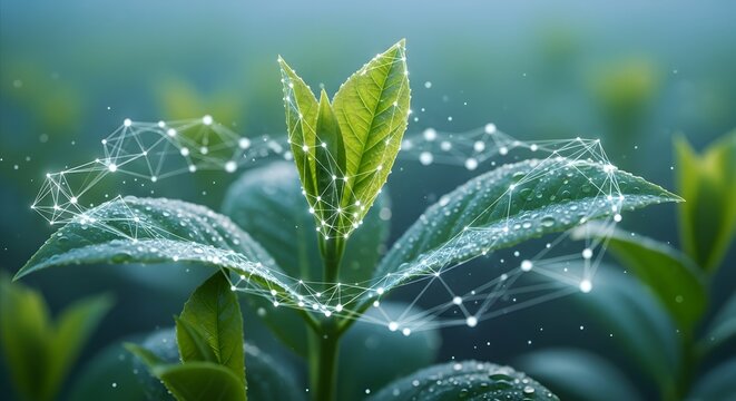 Plant biotechnology and biomimetics research. Digital structure for advanced analysis and genetic study. Close up of a green plant with a glowing white polygonal network overlay