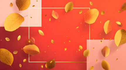 Gradient autumn frame thin border in warm terracotta tones with floating metallic golden leaves only, minimal but stylish.