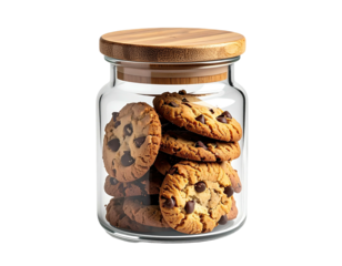 A clear glass jar with a wooden lid is filled with fresh chocolate chip cookies