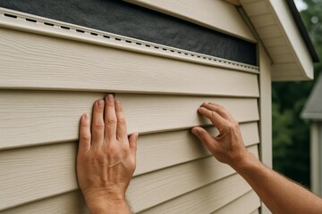 Hands install new vinyl siding on a home's exterior wall. This shows the process of modern home improvement and construction.