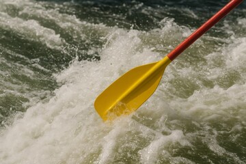 A vibrant yellow and red paddle plunges into churning white water. Experience the thrill of kayaking and rafting with this dynamic image.