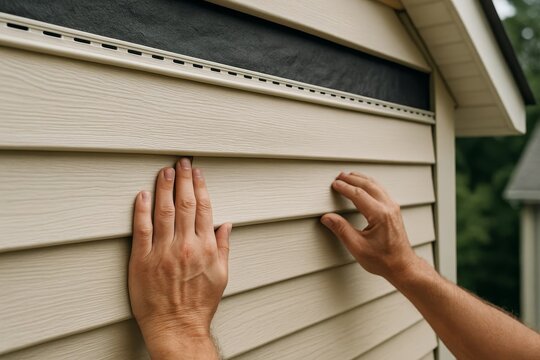 Hands install new vinyl siding on a home's exterior wall. This shows the process of modern home improvement and construction.