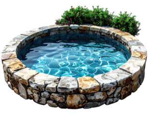 A stone-walled water feature filled with clear, rippled, turquoise water