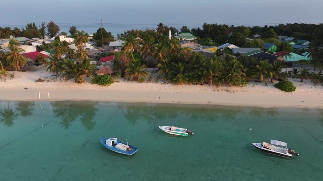 Aerial view of boats floating on the turquoise water of Naavaidhoo beach surrounded by palm trees and buildings, Naavaidhoo, Haa Dhaalu Atoll, Maldives.