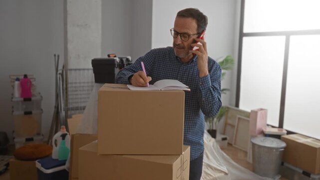 Middle-aged man on phone taking notes in new home living room with boxes scattered around indicating a recent move.