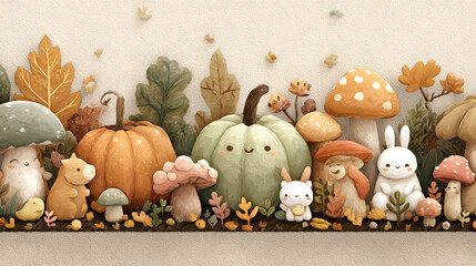 Clay-style autumn border with pastel pumpkins, mushrooms, and friendly woodland animals, kawaii and playful.