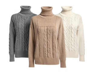 Three cozy turtleneck sweaters in neutral colors, all cable-knit