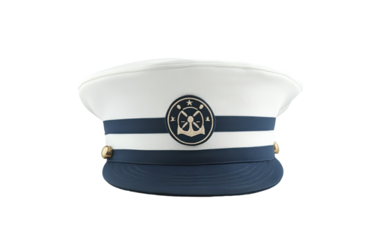 White and blue naval officer's cap isolated on transparent background. Captain's hat isolated on white background.