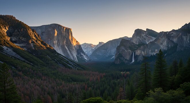 Yosemite Valley at Sunset: El Capitan and Forested Landscape with Golden Hour Light - Powered by Adobe