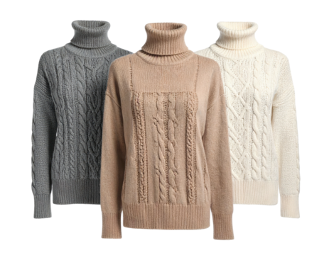 Three cozy turtleneck sweaters in neutral colors, all cable-knit