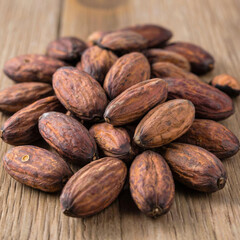 close-up of cocoa beans on the table