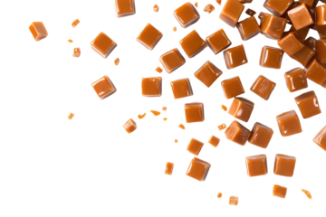 Delicious caramel candies falling isolated on transparent background. Caramel cubes isolated on white background.