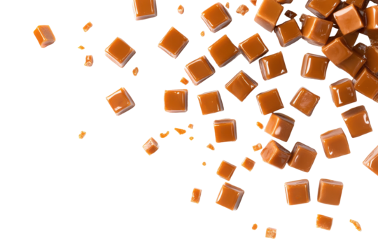 Delicious caramel candies falling isolated on transparent background. Caramel cubes isolated on white background.