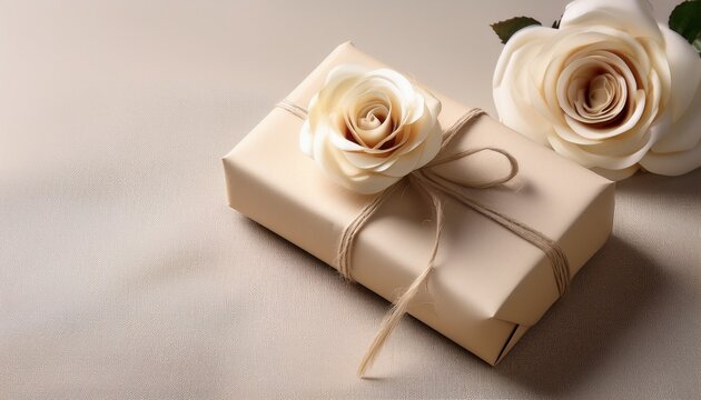Elegant Gift Wrapped In Cream Paper With Paper Rose Tied With String Neutral Tones