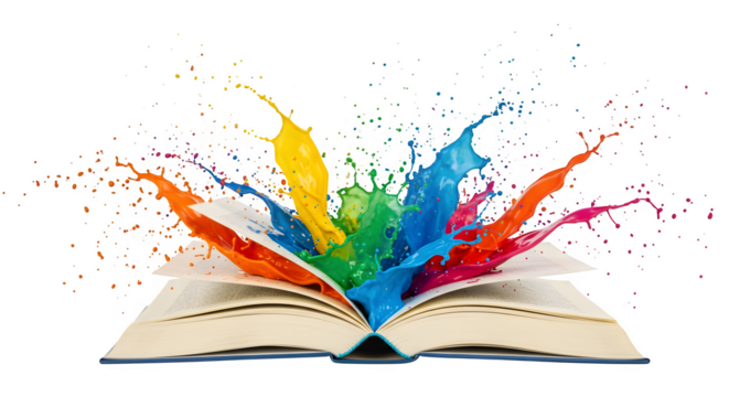Colorful liquid bursts from an open book. Creates bright imagery for education, book covers, and digital media.