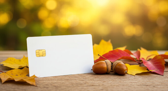 Blank credit card on a wooden table with fall leaves and acorns against a bright, sunlit autumn background with bokeh.