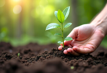 A hand planting a young tree seedling into the soil. Earth day, sustainability, growth, hope, environmental action
