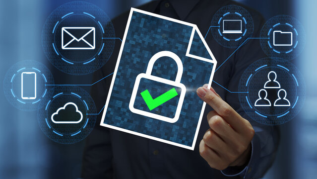 Data protection and security. Secure file storage and encrypted transfer. Business person holding a document with a padlock icon. - Powered by Adobe