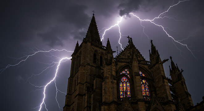 Church with lightning strikes during a storm