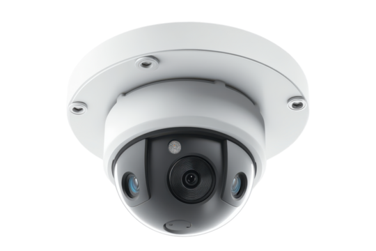 White dome security camera for surveillance isolated on transparent background. CCTV cameras isolated on white background.