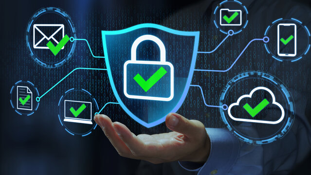 Data encryption and secure communication protocol. Network and data security management. Businessperson holding shield with padlock icon.