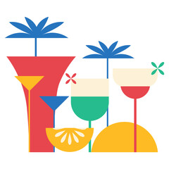 Cocktail party illustration in colorful flat style for banner, poster template. Vector isolated. Alcoholic, non-alcoholic cocktail drinks. Bar elements decoration