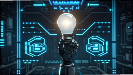 Robotic hand holding glowing light bulb with futuristic digital technology background