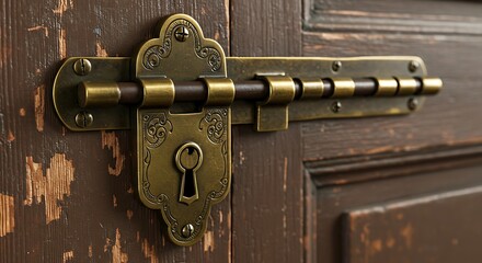 Close up of an ornate bronze door latch on aged wooden door panel