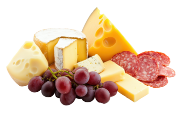 Assortment of cheeses with grapes and salami isolated on transparent background. Charcuterie board with assorted cheese meat and grapes isolated on white background.