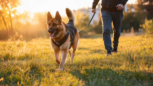 Training German Shepherd with trainer on leash, horizontal crop, sunny afternoon light, focus on trust and interaction - Powered by Adobe