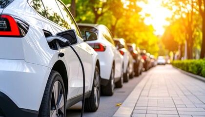 Electric Car Charging on City Street Green Energy with Transportation, Environment, and Future.
