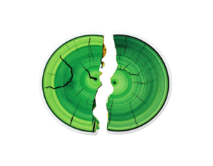 Two green wooden circles split apart, revealing cracked core details