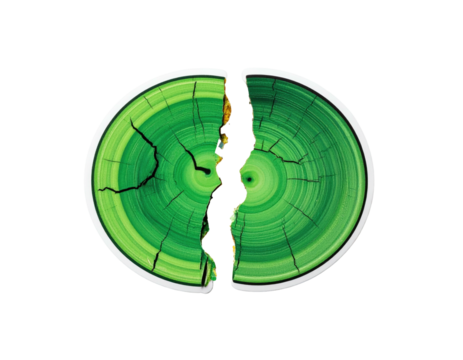 Two green wooden circles split apart, revealing cracked core details