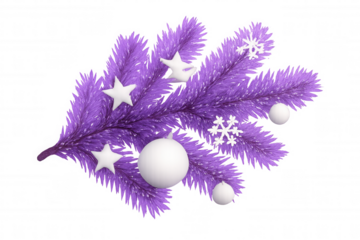 Festive purple christmas branch with white ornaments, stars and snowflakes on transparent background
