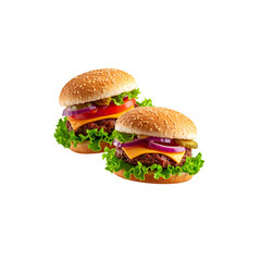 Illustration of grilled beef hamburger on sesame bun with cheese, lettuce and tomato isolated on white background