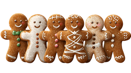 Gingerbread man christmas cookies set isolated on transparent background festive holiday biscuit people shapes cute decorated icing figures clipart for cards packaging banners winter baking treats