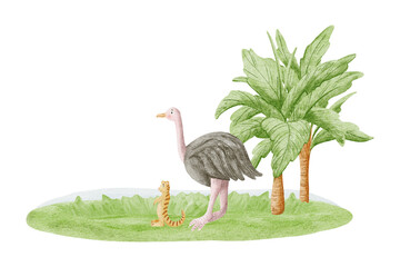 Cute ostrich and meerkat with palm trees watercolor illustration isolated on white. African savannah bird and animal clip art in childish style for nursery design. Safari kids drawing in pastel colors