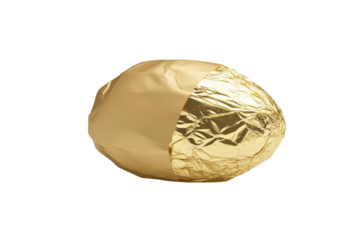 Golden easter egg wrapped in foil isolated on transparent background. Chocolate egg wrapped in gold foil isolated on white background.