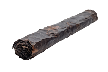 Close up of a burning cigar isolated on transparent background. Cigarette butt isolated on white background.