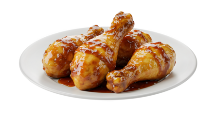 Brown, glazed chicken drums shine under studio lighting. Plate surface shows food photography for menu, social media.