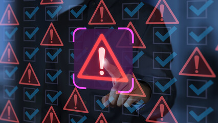 Warning alert sign of security system or software. Security engineer responding to the security incident. Many red triangle warning icons.